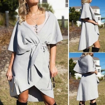 Fashion Self-tie Solid Color Short Sleeve Lapel Coat