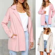 Fashion Solid Color Long Sleeve Notched Lapel Woolen Coat 