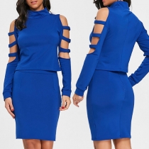 Sexy Hollow Out Long Sleeve Mock Neck Top + High Waist Skirt Two-piece Set 
