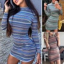 Fashion Contrast Color Round-neck Striped Slim Fit Over-hip Dress