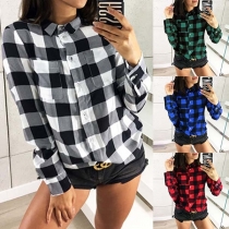 Fashion Long Sleeve POLO Collar Plaid Shirt 