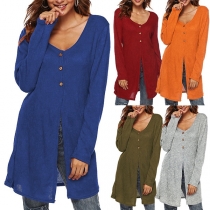Fashion Solid Color Long Sleeve Slit Hem Top 