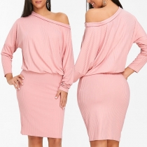 Sexy Oblique Shoulder Long Sleeve Solid Color Dress
