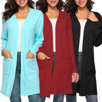 Fashion Solid Color Long Sleeve Slit Hem Cardigan 