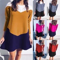 Sweet Contrast Color Round-neck Long Sleeve Dress