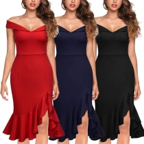 Sexy Off-shoulder V-neck Slit Fishtail Hem Solid Color Party Dress