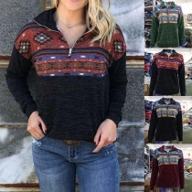 Fashion High Neck Zipper Front Floral Print Spliced Long Sleeve Top