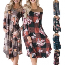 Fashion Long Sleeve Round Neck Front-pocket Printed Dress