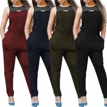 Sexy Gauze Sppliced Sleeveless Round Neck High Waist Jumpsuit 