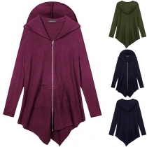 Fashion Solid Color Long Sleeve Irregular Hem Hooded Sweatshirt Coat 