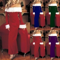 Sexy Plush Spliced Boat Neck Long Sleeve Slim Fit Dress