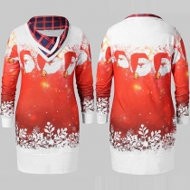 Fashion Long Sleeve Plaid Spliced Collar Slim Fit Printed Dress