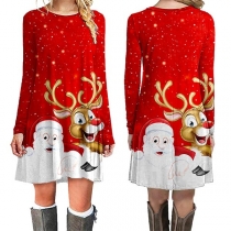 Fashion Long Sleeve Round Neck Christmas Printed Dress