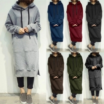 Fashion Solid Color Long Sleeve Slit Hem Hooded Sweatshirt Dress