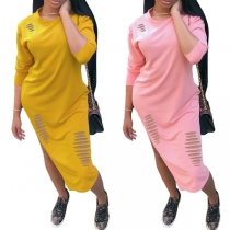 Sexy Slit Hem Long Sleeve Round Neck Solid Color Hollow Out Dress