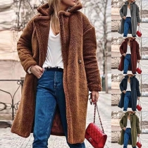 Fashion Solid Color Long Sleeve Notched Lapel Plush Coat