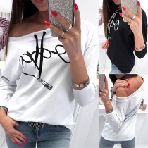 Sexy Oblique Shoulder Long Sleeve Printed Sweatshirt