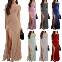 Sexy Side Slit Hem Half Sleeve Boat Neck Solid Color Party Dress