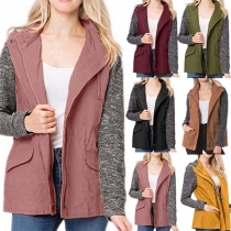 Fashion Knitted Spliced Long Sleeve Hooded Coat