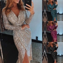 Sexy Deep V-neck Slit Hem Long Sleeve High Waist Sequin Party Dress