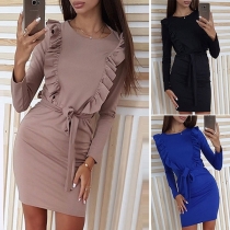 Elegant Solid Color Long Sleeve Slim Fit Ruffle Dress