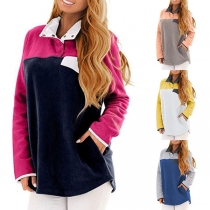 Fashion Contrast Color Long Sleeve POLO Collar Loose Plush Top 
