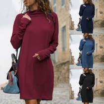 Fashion Solid Color Long Sleeve Mock Neck Dress
