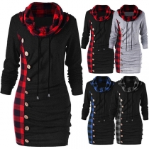 Fashion Plaid Spliced Long Sleeve Cowl Neck Single-breasted Dress