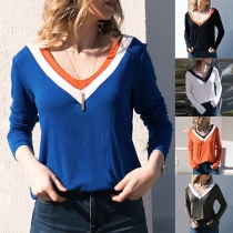 Fashion Contrast Color Long Sleeve V-neck T-shirt 