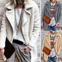 Fashion Solid Color Long Sleeve Notched Lapel Plush Coat
