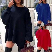 Fashion Solid Color Lantern Sleeve Round Neck Irregular Hem Dress