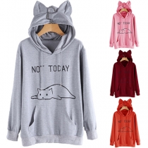 Cute Cat Printed Long Sleeve Casual Hoodie