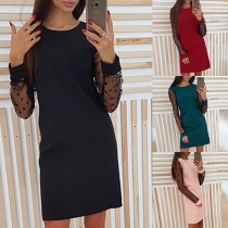 Sexy Dots Gauze Spliced Long Sleeve Round Neck Shift Dress