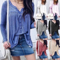 Fashion Solid Color Long Sleeve V-neck loose T-shirt 