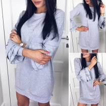 Fashion Trumpet Sleeve Round Neck Solid Color Sweatshirt Dress