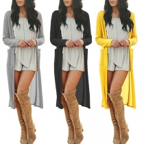 Fashion Solid Color Long Sleeve Slit Hem Loose Cardigan
