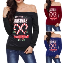 Sexy Oblique Shoulder Long Sleeve Printed T-shirt 