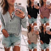 Fashion Solid Color Long Sleeve V-neck T-shirt 