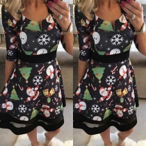 Cute Snowman Printed 3/4 Sleeve V-neck Gauze Spliced Dress