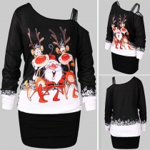 Sexy Oblique Shoulder Long Sleeve Printed Slim Fit Dress