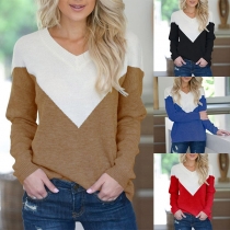Fashion Contrast Color Long Sleeve V-neck Knit Top