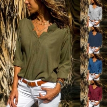 Fashion Solid Color Long Sleeve V-neck Loose Blouse