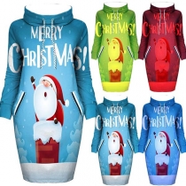 Cute Santa Claus Printed Long Sleeve High Neck Hooded Dress