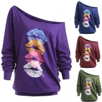 Sexy Oblique Shoulder Long Sleeve Lips Printed Sweatshirt 