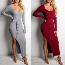 Sexy Side Slit Hem Long Sleeve Solid Color Slim Fit Dress