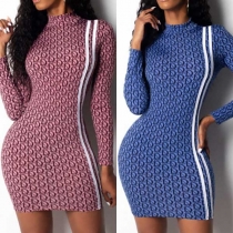 Fashion Long Sleeve Mock Neck Slim Fit Printed Dress