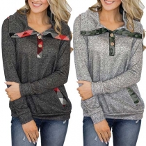 Fashion Plaid Spliced Long Sleeve POLO Collar Sweatshirt 