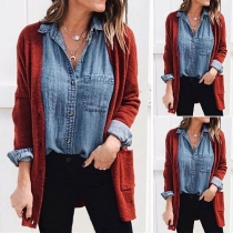 Fashion Solid Color Long Sleeve Slit Hem Knit Cardigan