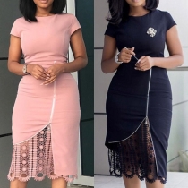 Elegant Solid Color Lace Spliced Hem Short Sleeve Dress
