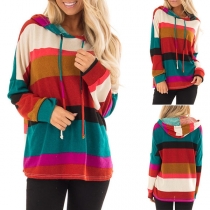 Fashion Long Sleeve Rainbow Striped Loose Hoodie 